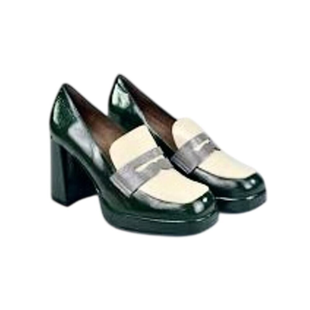 NWT Wonders Spain Forest Green Block Heel Shiny Leather Penny Loafers Pumps